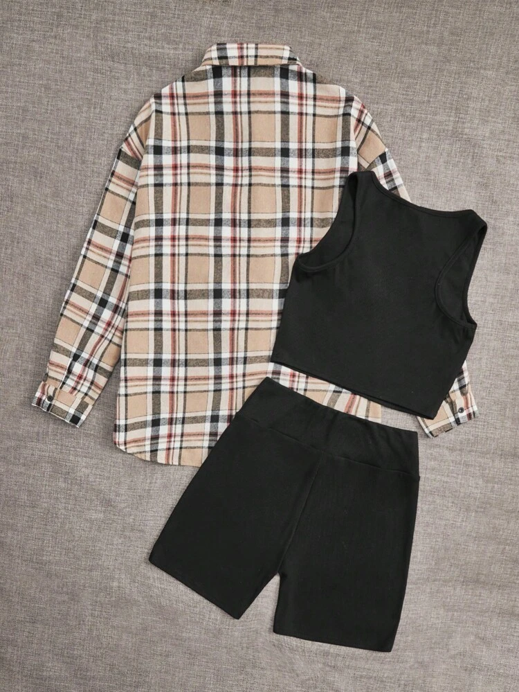 Teen Girl Plaid Print Shirt & Tank Top & Biker Shorts