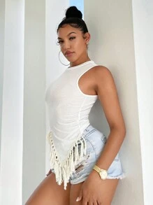 SHEIN SXY Fringe Trim Asymmetrical Hem Tank Top - White - View 3