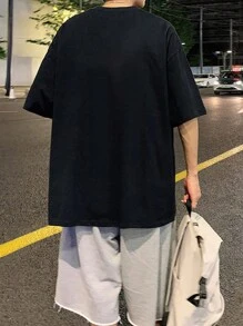 男士字母圖案落肩T恤 - 黑色 - 查看 2