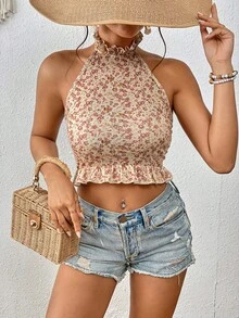 SHEIN VCAY Ditsy Floral Print Ruffle Hem Halter Top - Khaki - View 1