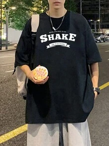 男士字母圖案落肩T恤 - 黑色 - 查看 3