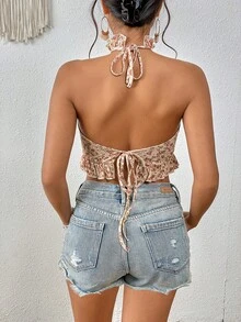 SHEIN VCAY Ditsy Floral Print Ruffle Hem Halter Top - Khaki - View 2