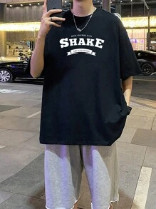 男士字母圖案落肩T恤 - 黑色 - 查看 5