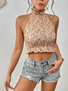 SHEIN VCAY Ditsy Floral Print Ruffle Hem Halter Top - Khaki - View 3