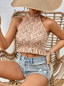 SHEIN VCAY Ditsy Floral Print Ruffle Hem Halter Top - Khaki - View 5