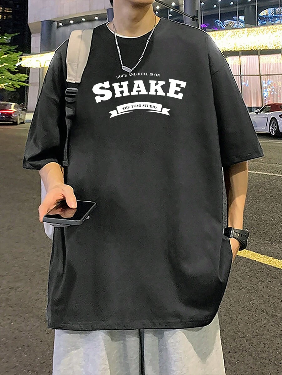 男士字母圖案落肩T恤 - 深灰色 - 查看 1