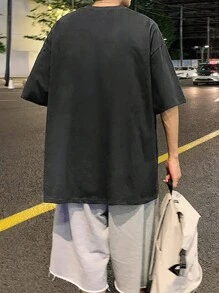 男士字母圖案落肩T恤 - 深灰色 - 查看 2