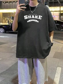 男士字母圖案落肩T恤 - 深灰色 - 查看 3