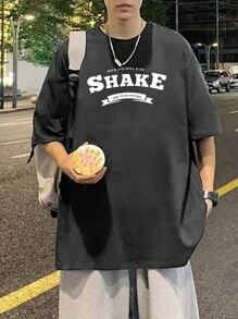 男士字母圖案落肩T恤 - 深灰色 - 查看 4