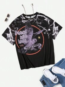 SHEIN Coolane 大碼字母和老鷹印花落肩T恤 - 黑色 - 查看 1