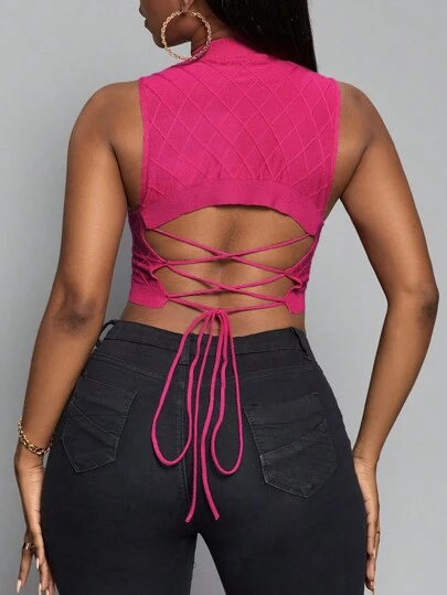 Slaydiva 後背繫帶短款背心針織上衣