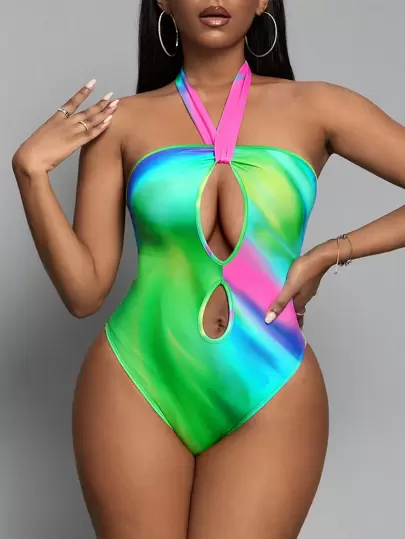 Slaydiva 漸層鏤空繞頸露背連身背心