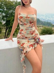 SHEIN ICON Figure and Floral Print Ruched Side Ruffle Hem Mesh Cami Dress - Multicolor - View 1