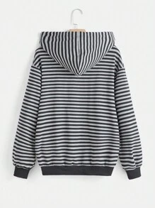 ROMWE Grunge Punk 條紋圖案拉鏈開襟抽繩連帽衫 - 彩色 - 查看 2