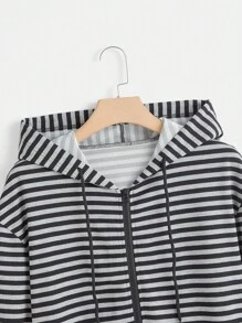 ROMWE Grunge Punk 條紋圖案拉鏈開襟抽繩連帽衫 - 彩色 - 查看 3