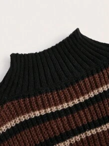 ROMWE Fairycore 條紋圖案小高領鐘形袖短款毛衣 - 咖啡棕 - 查看 4