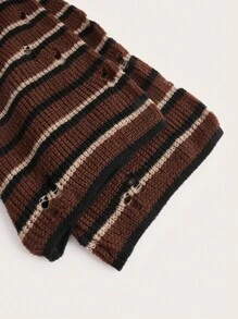 ROMWE Fairycore 條紋圖案小高領鐘形袖短款毛衣 - 咖啡棕 - 查看 3