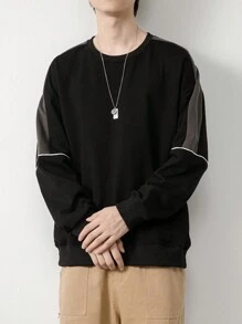 Men Contrast Piping Drop Shoulder Sweatshirt - Black - View 1