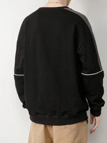 Men Contrast Piping Drop Shoulder Sweatshirt - Black - View 2
