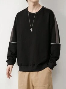 Men Contrast Piping Drop Shoulder Sweatshirt - Black - View 3