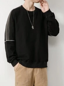 Men Contrast Piping Drop Shoulder Sweatshirt - Black - View 5
