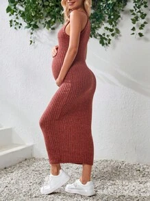 SHEIN Maternity Solid Rib-knit Halter Dress - Rust Brown - View 2