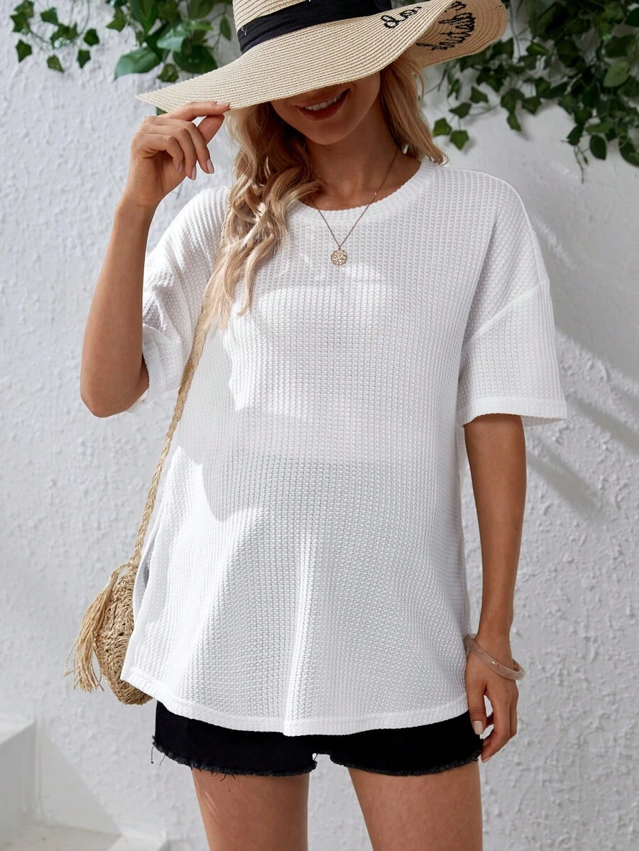 SHEIN Maternity Waffle Knit Drop Shoulder Tee - White - View 1