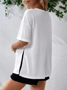 SHEIN Maternity Waffle Knit Drop Shoulder Tee - White - View 2
