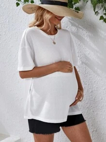 SHEIN Maternity Waffle Knit Drop Shoulder Tee - White - View 4