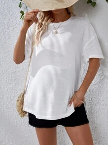 SHEIN Maternity Waffle Knit Drop Shoulder Tee - White - View 6