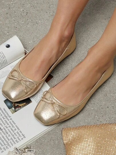 SHUZIA Women's Elegant Metallic PU Bow Decor Square Toe Ballet Flats Summer Shoes Spring Shoes Spring Break Easter Mother's Day Present For Christmas