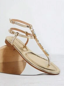 雙踝帶寶石般夾趾平底涼鞋 - 香檳色 - 查看 2