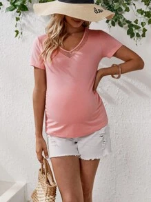 SHEIN 孕婦網紗拼接T恤 - 珊瑚粉 - 查看 1