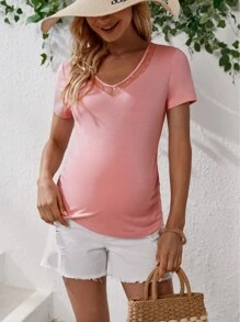 SHEIN 孕婦網紗拼接T恤 - 珊瑚粉 - 查看 3