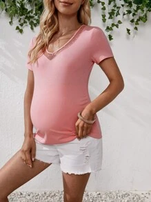 SHEIN 孕婦網紗拼接T恤 - 珊瑚粉 - 查看 4