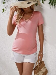 SHEIN 孕婦網紗拼接T恤 - 珊瑚粉 - 查看 5