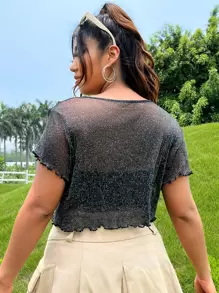 SHEIN EZwear Plus Lettuce Trim Mesh Top Without Tube Top - Black - View 2