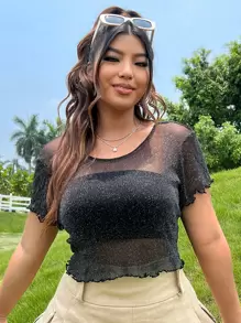 SHEIN EZwear Plus Lettuce Trim Mesh Top Without Tube Top - Black - View 6