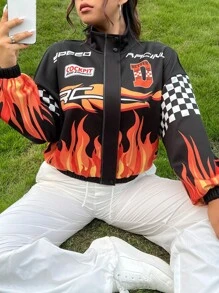 SHEIN Coolane Plus Fire & Letter Graphic Drop Shoulder Jacket - Multicolor - View 2