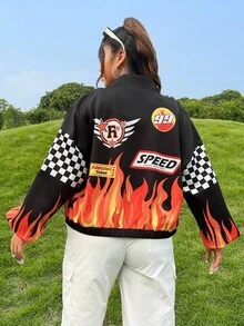 SHEIN Coolane Plus Fire & Letter Graphic Drop Shoulder Jacket - Multicolor - View 3