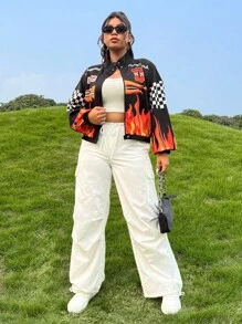 SHEIN Coolane Plus Fire & Letter Graphic Drop Shoulder Jacket - Multicolor - View 4