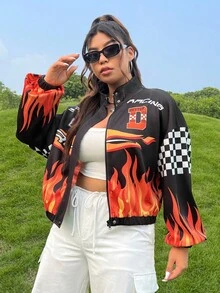 SHEIN Coolane Plus Fire & Letter Graphic Drop Shoulder Jacket - Multicolor - View 5