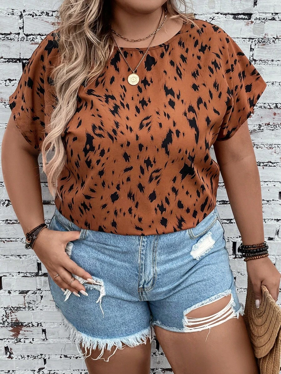 SHEIN LUNE Plus Allover Print Batwing Sleeve Blouse - Multicolor - View 1