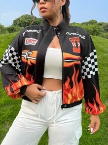 SHEIN Coolane Plus Fire & Letter Graphic Drop Shoulder Jacket - Multicolor - View 1