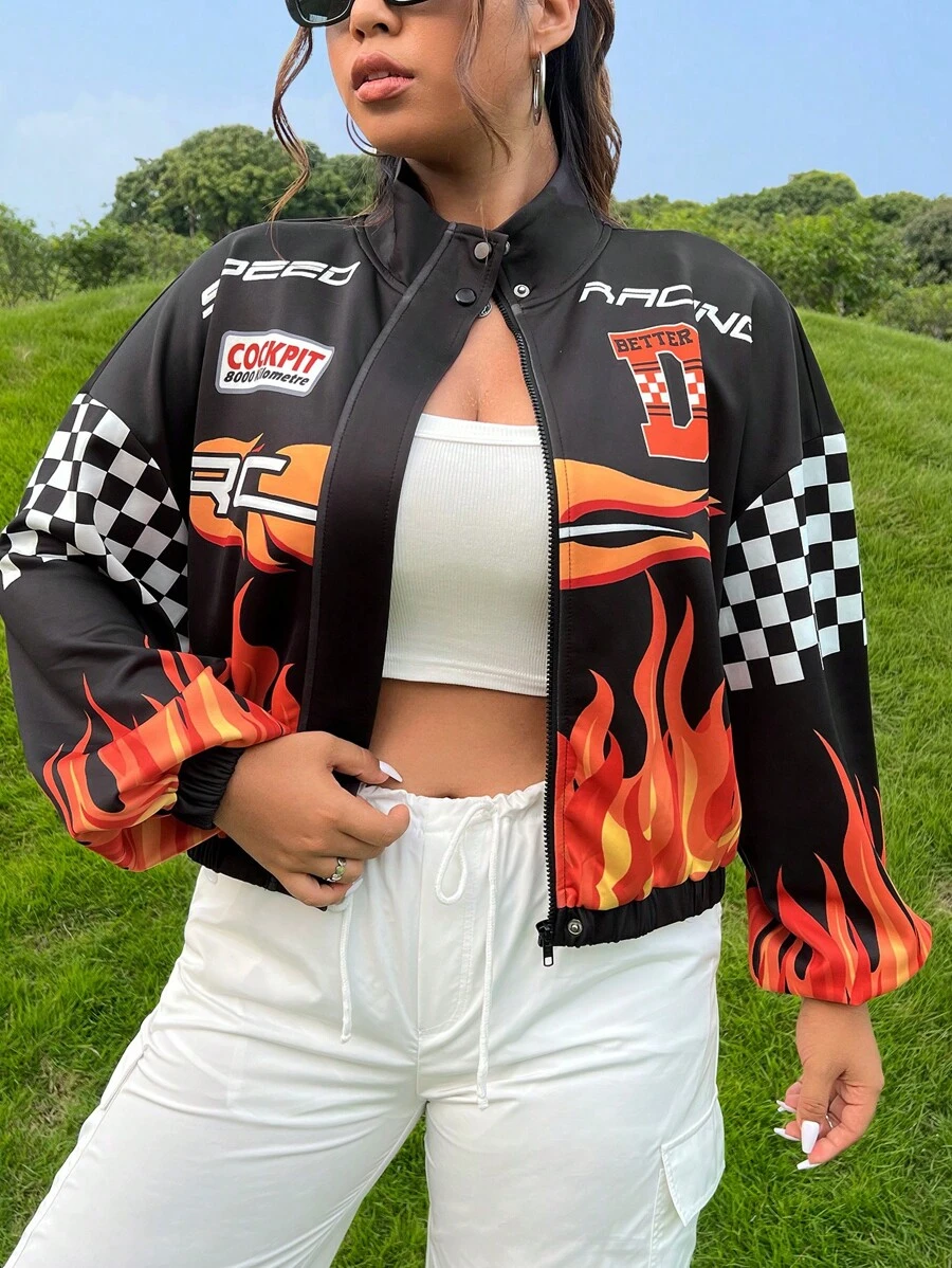 SHEIN Coolane Plus Fire & Letter Graphic Drop Shoulder Jacket - Multicolor - View 1