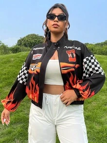 SHEIN Coolane Plus Fire & Letter Graphic Drop Shoulder Jacket - Multicolor - View 6