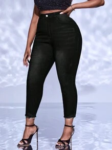 Plus High Waist Raw Hem Skinny Jeans - Black - View 1