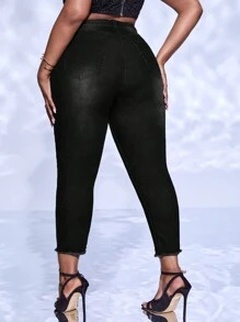 Plus High Waist Raw Hem Skinny Jeans - Black - View 2