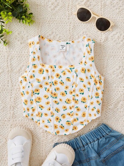 SHEIN Tween Girl小花印花方領彎角背心上衣