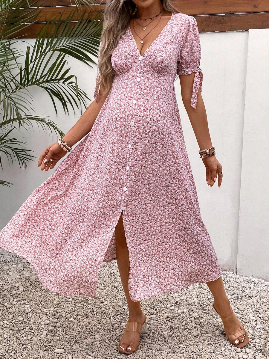 SHEIN Váy Bà bầu Thắt nút Chia Nút phía trước Họa tiết hoa Boho - Nhiều màu - Xem 1
